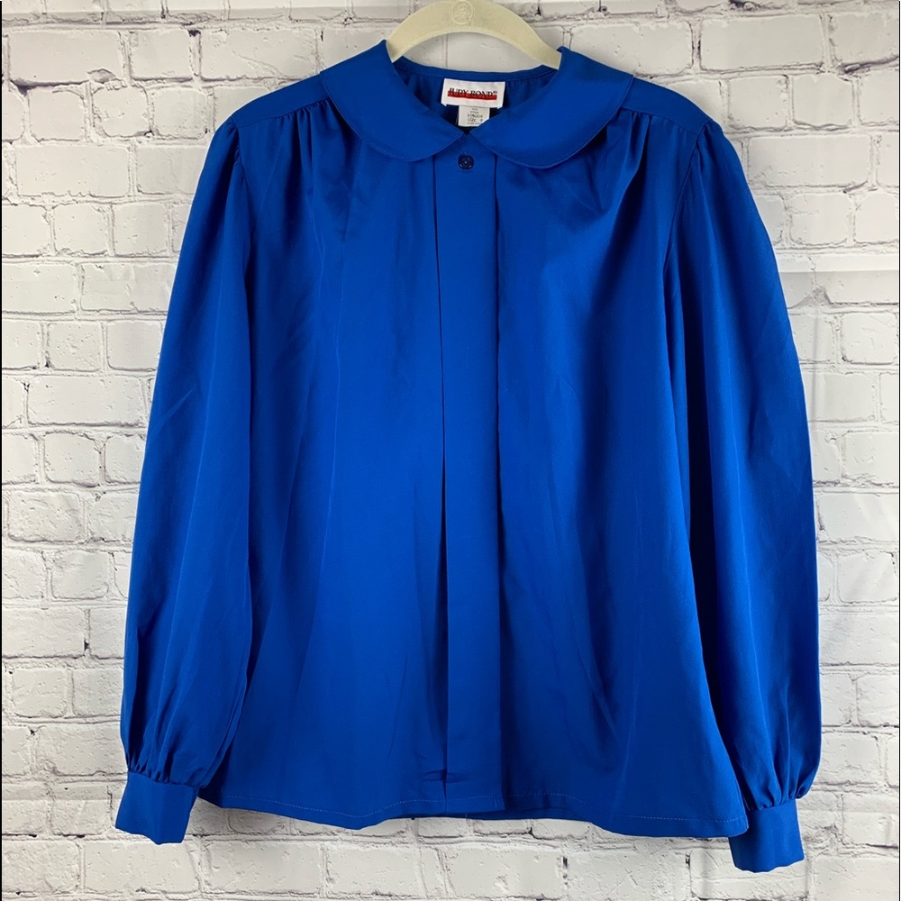 VINTAGE JUDY BOND Blouse Button-down Blue Puffy Style Sleeve